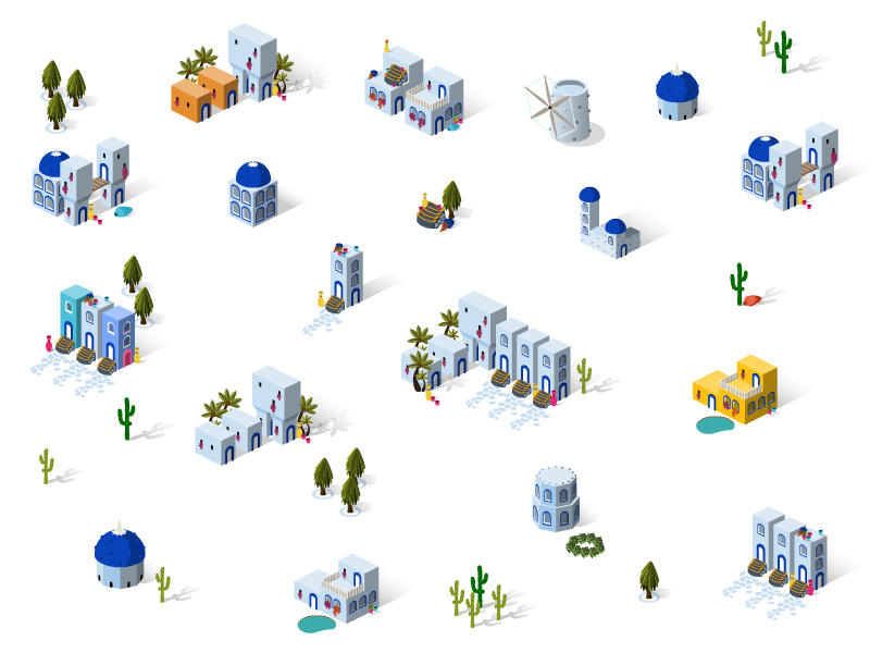 Game Design isometric icon building house set tree santorini bodrum architecture game island town