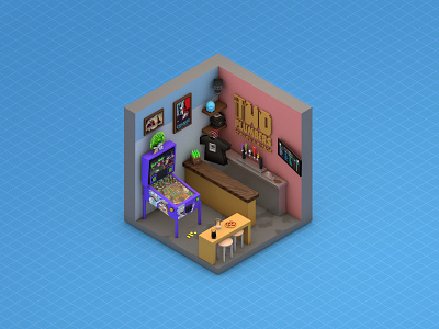Two Plumbers Brewery + Arcade 3d arcade architecture bar branding cartoon city design diorama house icon illustration isometric low poly lowpoly pinball pizza render rick and morty video games