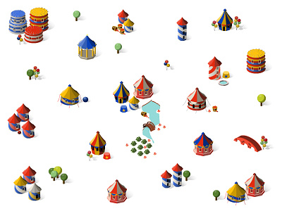 Isometric Buildings - Theme "Circus" amusement park app application architecture building circus e learning gamification house icon illustration isometric isometric art isometric design isometric game isometric icons isometric illustration online education video game web game