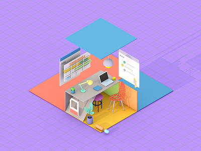 Office 3d c4d design desk graphic design icon illustration interior isometric job low poly lowpoly model office pastel room soft space ui web