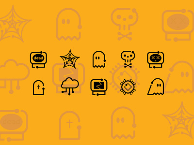 Techy Halloween Icons 🕸️ 2d computer design flat ghost glyph graphic design halloween icon illustration pattern set skeleton skull spooky tech typography ui vector web