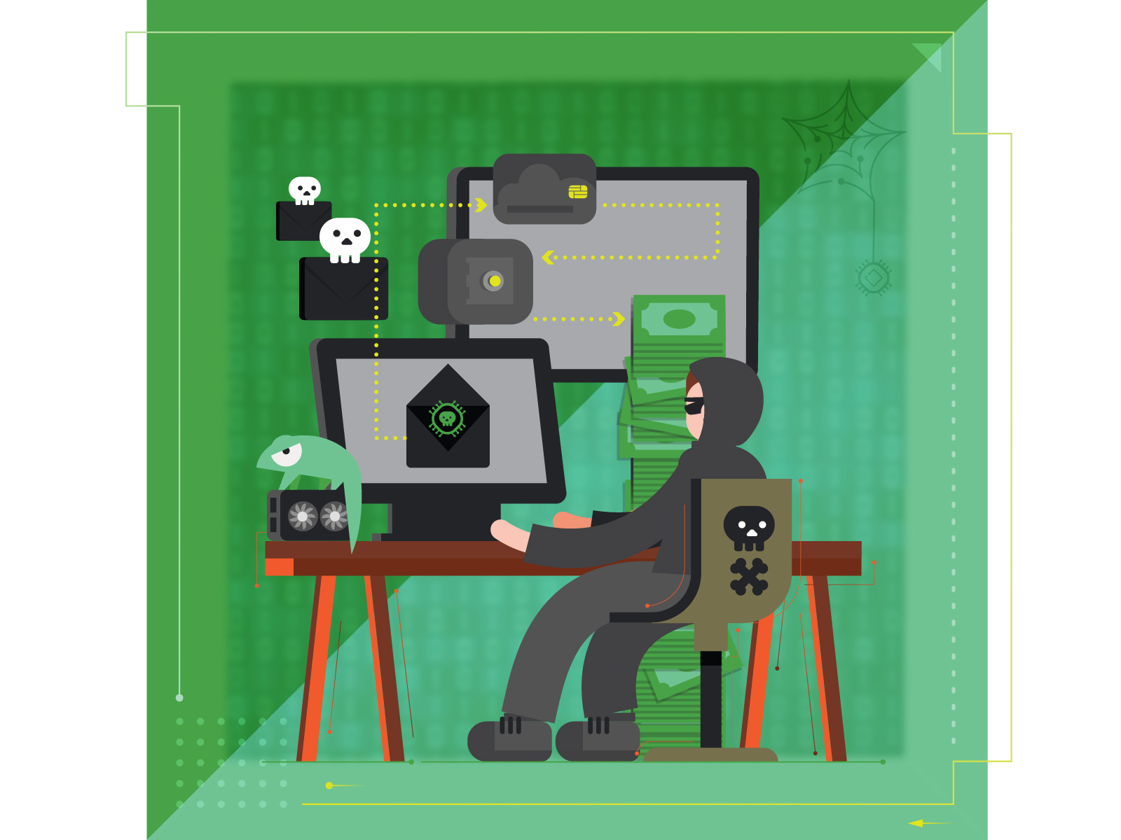 Hacker steal security crime cyber computer skull thieft internet chameleon credit card graphic design virus spam tech hacker design vector 2d icon illustration