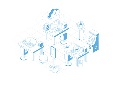 Office 3d arcade cloud computer food future icon illustration information technologies isometric it machine metaverse printer robot room tech vector video game web page