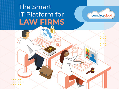 Law Firm Ad 3d ad branding character cloud computer graphic design illustration information technologies isometric justice law lawyer people platform room security tech vector work