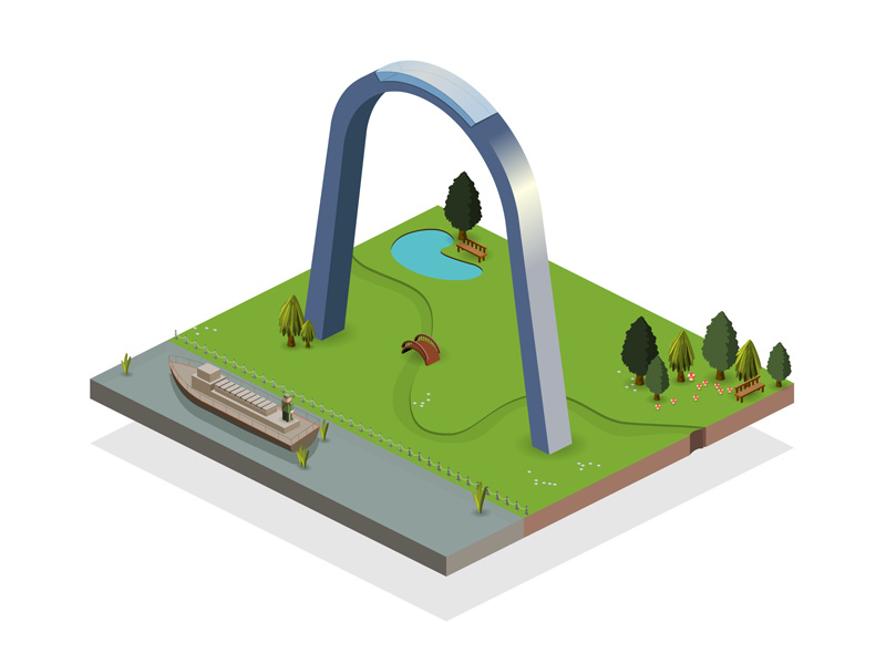 Isometric Gateway Arch soldier boat island river building map icon travel monument arch isometric usa