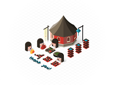 Thank you! building character city dribbble follower followers food icon illustration isometric isometric building japan japanese store sushi thank you town tuna video game video game art