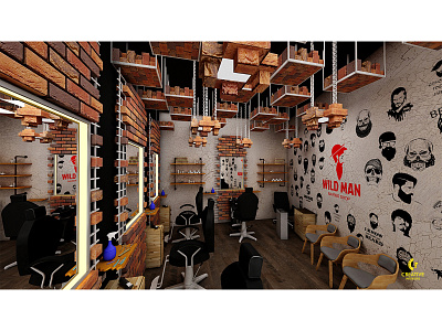 Wild Man Barber Shop barbershop design industrial interior interior design modeling rendering theme