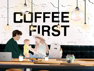 Family: Coffee First coffee shop family illustration vector