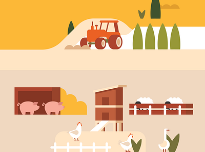 Illustration for a special needs organization animal chicken country countryside digital illustration drawing farm farming goose hen hungarian hungary illustration land landscape pig ranch sheep tractor tree