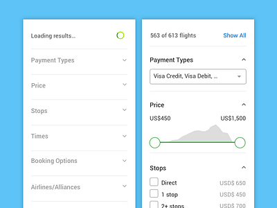 Collapsible Filters with Search Status filter flights interaction design loading search slider travel ui ux web