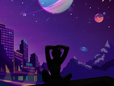 Just world girl illustration mountains planets sity space vector