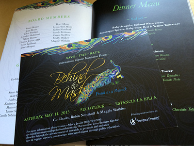 Behind the Mask - Invitation and Program Design charity illustration invitation invitation design mask peacock program vector