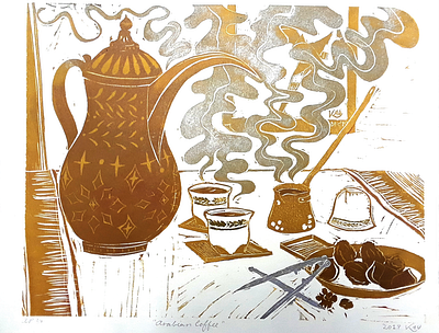 Arabian Coffee fine art illustration linocut linoleum monoprint nutcracker relief relief print still life