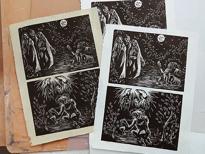 double print - gethsemane and job biblical black and white drawing fine art illustration linocut narrative print relief print