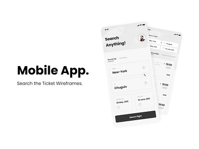 Mobile App — Flight Tickets Search (Wireframe) air airport app black black and white bw design flight minimalism mobile mobile app search ticket ui uidesign uiux ux white wireframe wireframes