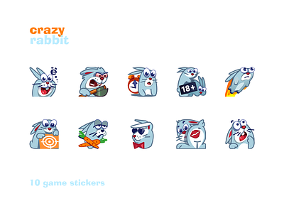 stickers «Crazy rabbit» 2d character crazy design drawing game icons icon illustration nice rabbit playboy rabbit rabbit stickers stickers vector