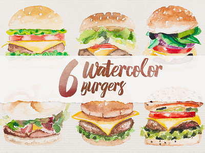 6 Watercolor Burgers burger cooking food junk food kitchen painted pattern seamless tileable watercolor