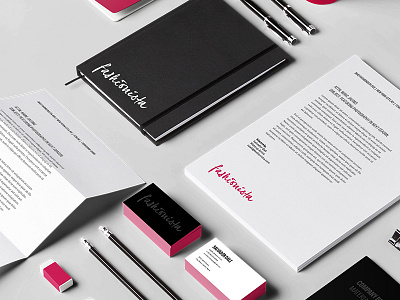 Fashionista rebrand exploration black branding mockup pink stationery white