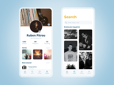 Music Social Media App app blue clean clean ui design figma flat minimal mobile music app product product design profile search social media squircle ui ux white whitespace