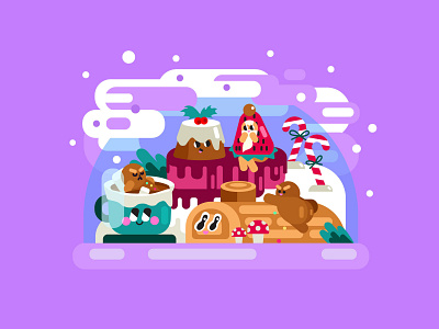 Christmas Confectionary & Treats christmas food christmas party digital art ginger breadman hot chocolate illustration log cake snowglobe strawberry sweets
