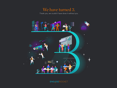 3rd anniversary illustration 3 years anniversary charts company connectivity dashboard flat office rocket