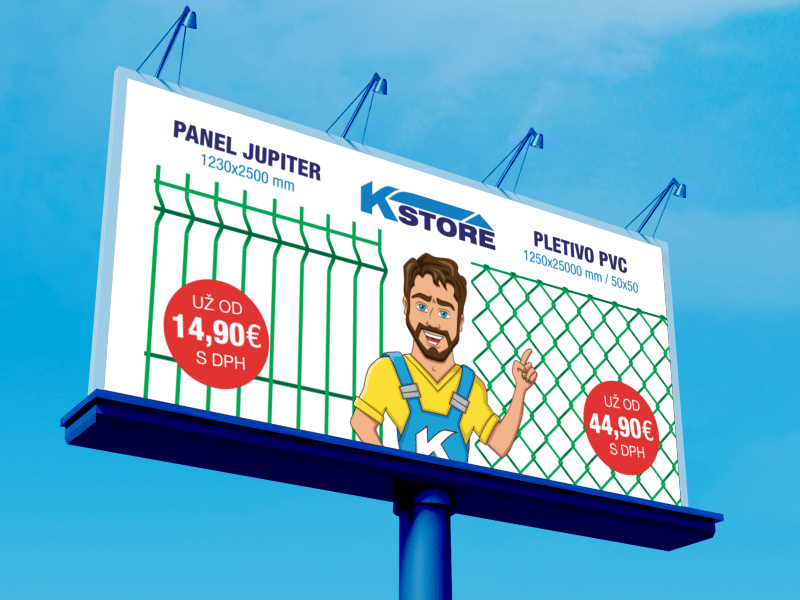 Mascot for a company K-store selling construction material billboard branding creative design flat illustration marketing print typography vector