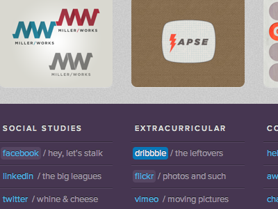 Below the fold lapse links personal site portfolio purple responsive screenshot thumbnails