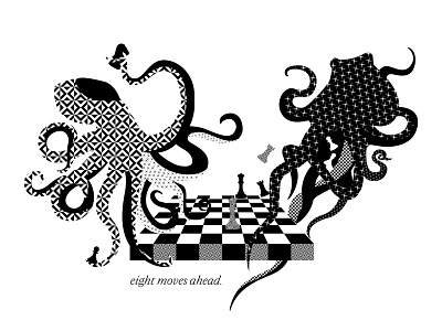 Eight Moves Ahead apparel blackandwhite boxes character chess concept design fashion game horse illustration illustrator king move octopus pattern smart texture tshirt vector