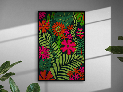 Out of the leaves acrylic painting art bright colorful creative design details doodle drawing ecology flowers hang leaves living room love orange pink wall