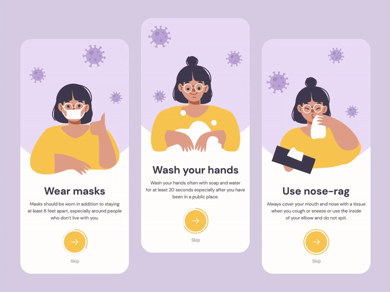 Covid-19 Mobile app | Onboarding screens app corona coronavirus covid 19 daily ui design health medical app medicine mobile motion onboarding ui ux virus
