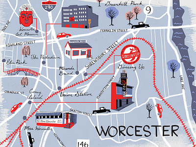 Map of Worcester architecture city design flatdesign hometown illustratedmap illustration local map mapillustration massachusetts places worcerster worcesterartmuseum