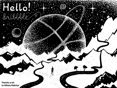 Hello Dribbble! blackandwhite drawing fantasy galaxy hello illustration mountains picture planet space stars