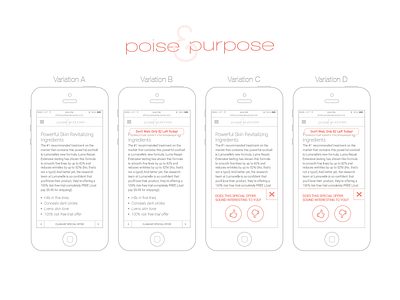 Poise & Purpose Split Testing interface design marketing mobile poise and purpose sales split test test testing user engagement user experience variations