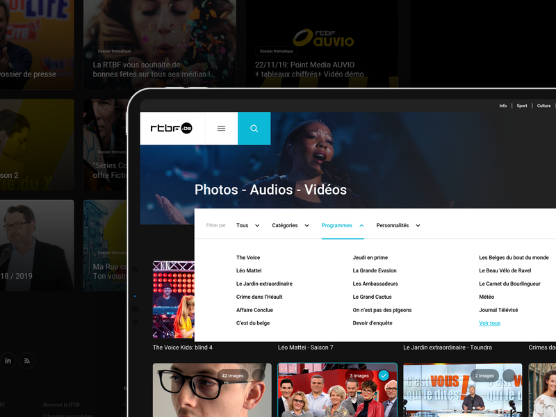 Optimised experience for RTBF Pro. card design filters search selection selector webdesign
