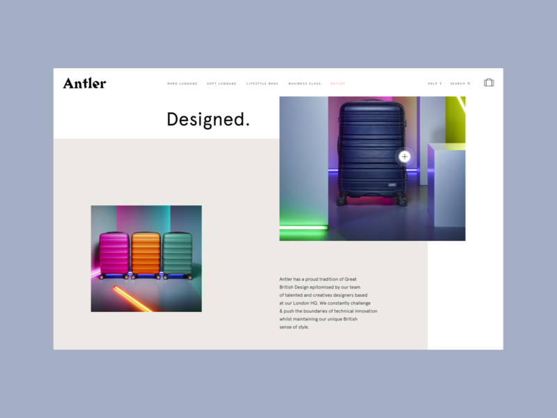 Antler - Home Page design e comerce e shop flat home page hotspot layout luggage magento product design shop suitcase ui ux web webdesign website