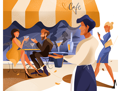 Yellow cafe with people blue cafe cafe illustration character design cityscape illustration illustration art people illustration restaurant restaurants illustration yellow