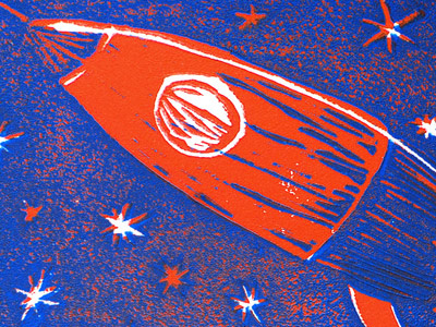 Retro Rocket Print (Detail) blue red reduction print retro rocket