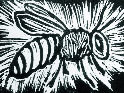 Bee Print (Detail) bee black rubber stamp print white