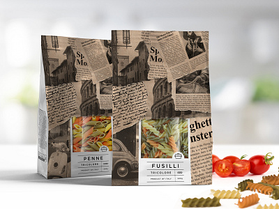 Pasta Packaging brand branding fusilli idenity italy newspaper package packaging pasta penne spaghetti vintage