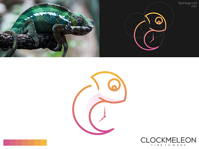 Clockmeleon Logo animals app awesome brand branding chameleon clean clock design gradient grid identity illustration lettering logo minimal modern simple time vector