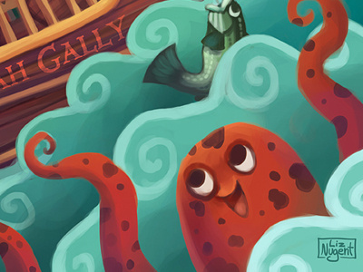 The Kraken - Pirates of Cape Cod children cute illustration kids kraken octopus painting pirates ship