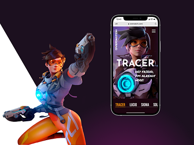Overwatch. Tracer. Landing Page blizzard caracter concept design game gaming graphic design history minimalism mobile overwatch site tracer ui uiux ux web web design