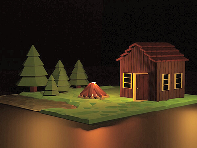 cabin in the woods 3d blender c4d cabin fire model night orthographic wood