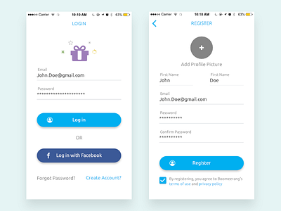 Login and Registration Screen of Boomeerang affinity designer app clean ios iphone login macaffinity mobile modern signup ui user