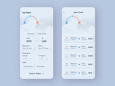 Flight Ticket Booking App aeroplane book booking clean design flat flight location mobile modern plane shadow simple skeuomorph skeuomorphic skeuomorphism ticket ui ux white