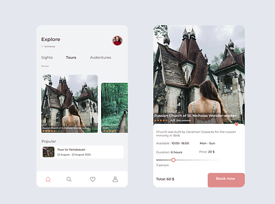 Travel application (to book tours and see sights in each region) app booking app card design lightui sights tour tourism app travel travel app ui ux
