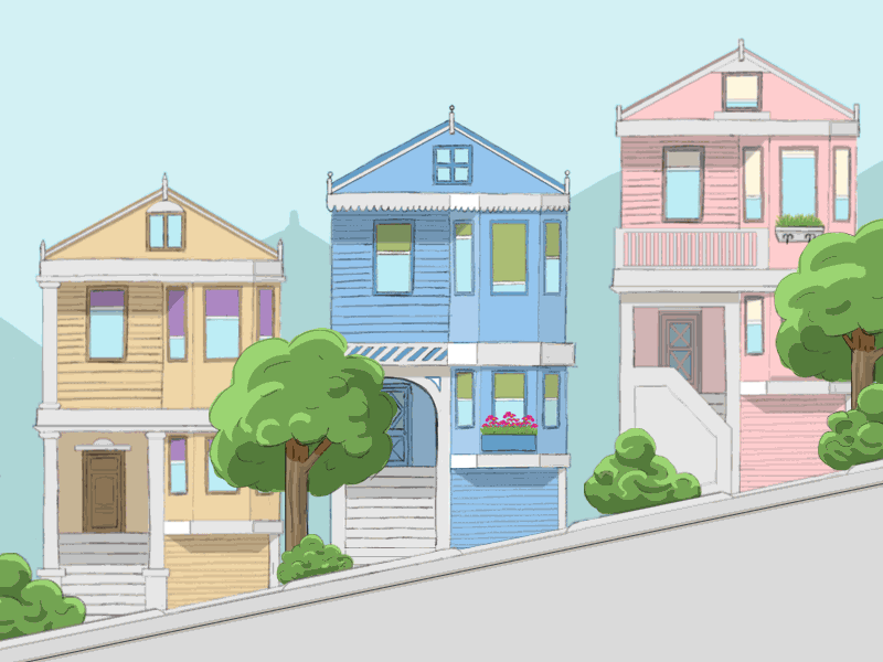 The Journey to San Francisco 2d animation cable car cell animation color drawing frame by frame hill houses men motion graphics san francisco trees