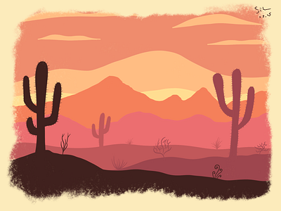 cactus in desert cactus cactus illustration desert design digital painting flat illustration graphic illustration landscape landscape illustration procreate sunset