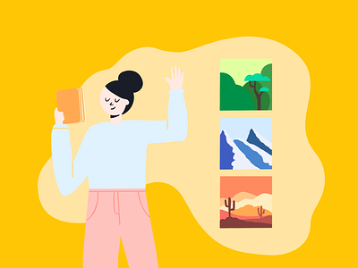 Concept of reading and travelling desert design digital painting flat design flat illustration forest girl character graphicdesign illustration landscape mountains procreate self portrait
