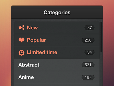 Simple category listing background categories category dark indicator list